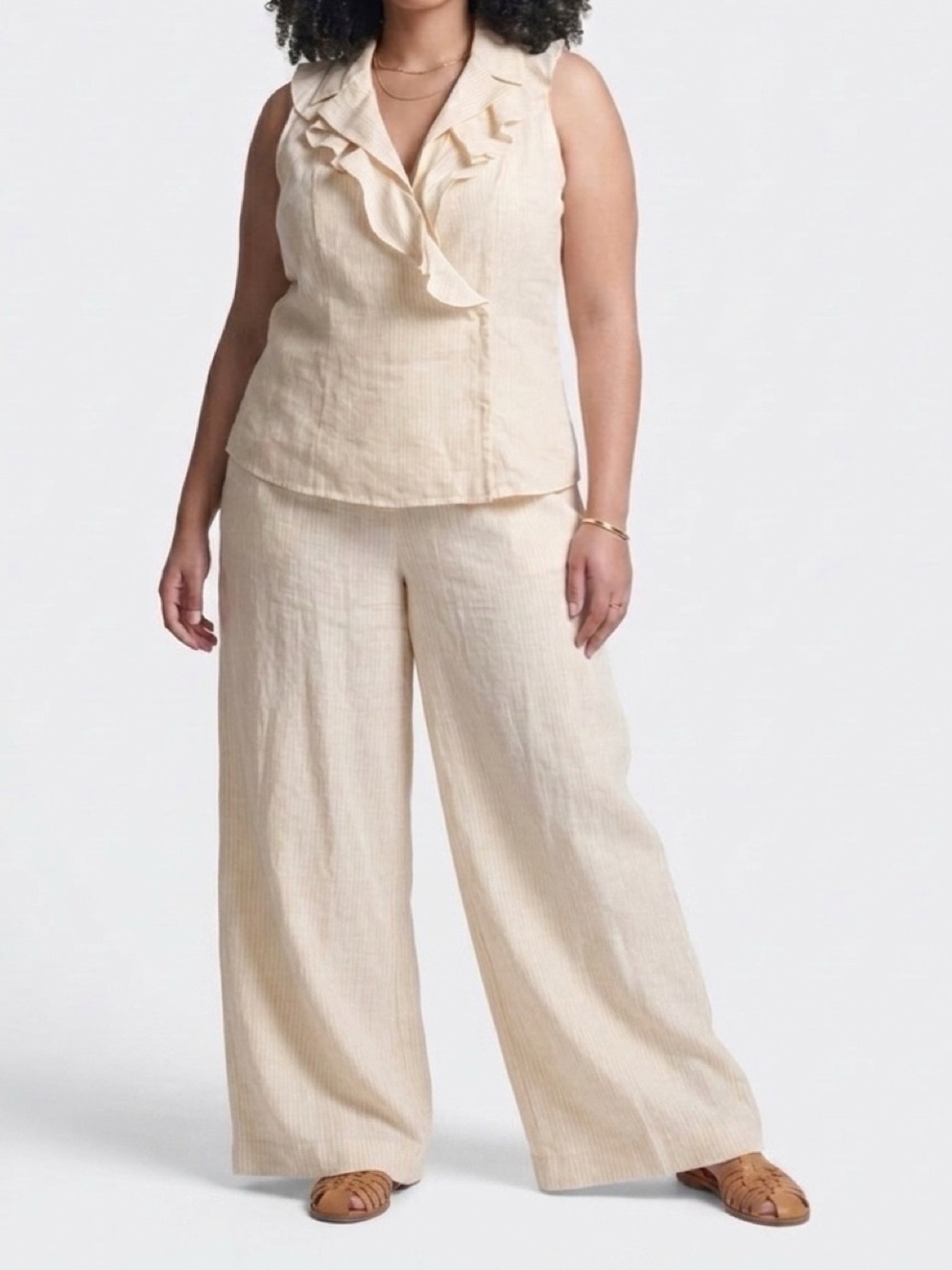 Worth Cream Ruffle-Trim Sleeveless Top with Wide-Leg Pants